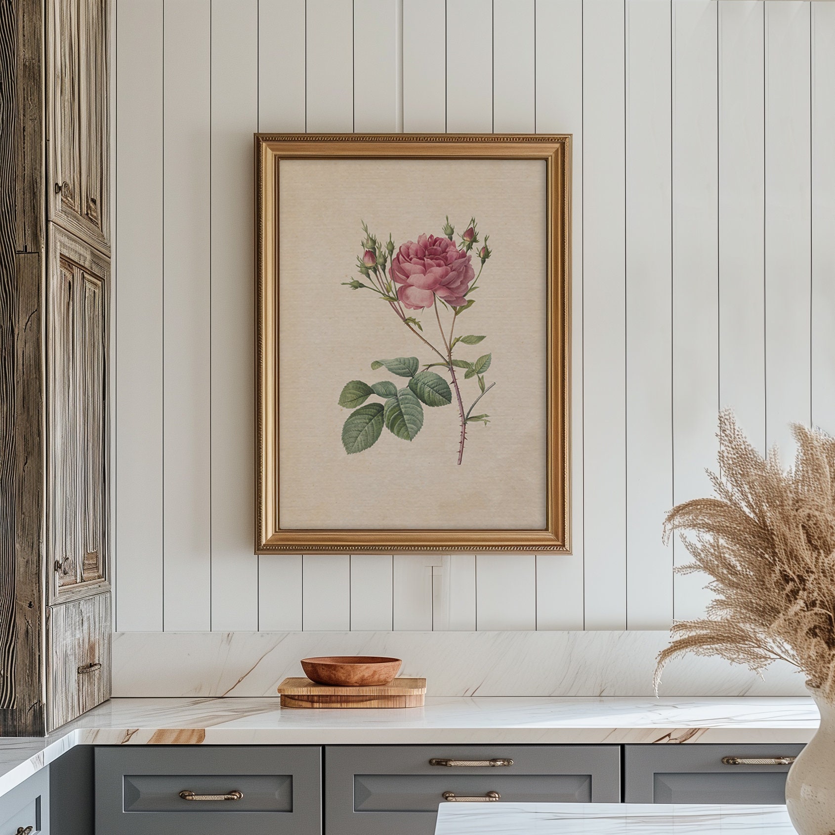Vintage Floral Wall Art, Antique Rose Print, Pink Flower Sketch ...