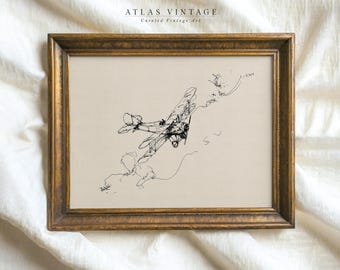 Pode incluir: Uma impressão de arte vintage emoldurada com um desenho a caneta e tinta de um biplano em voo. A obra de arte está em uma moldura dourada e tem o texto "ATLAS VINTAGE Curated Vintage Art" no topo.