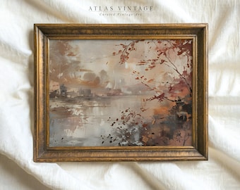 Vintage Autumn Lake Painting – Rustic Fall Landscape Print (Digital Download)