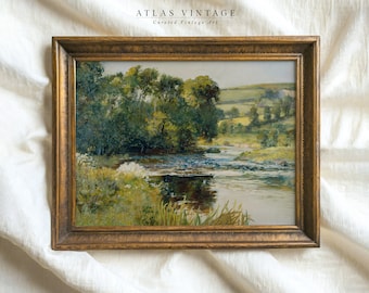 Vintage Summer Lake Landscape Print - Antique Rustic Lake Oil Painting - Printable Wall Art - Scenery Lake House Decor Digital Download
