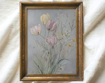 Arte de pared imprimible con tulipanes primaverales vintage, estampado floral pastel, pintura bohemia de flores silvestres, descarga digital, decoración rústica de estilo rústico.