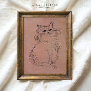 Vintage minimalistische Katze Skizze druckbare Kunst, Katzenlinie Kunstdruck, abstrakte Haustier Zeichnung Kinderzimmer Dekor, rosa Tier digitaler Download