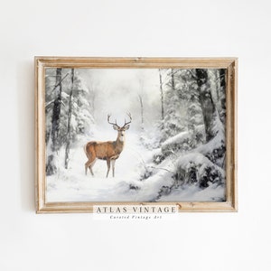 Vintage Deer Printable Wall Art, Rustic Winter Print, Antique Snowy Forest Oil Painting, Country Farmhouse Christmas Decor, Digital Download