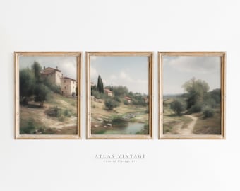 Vintage Countryside River Painting Print Set, Rustic French Cottage Decor (Digital Download)