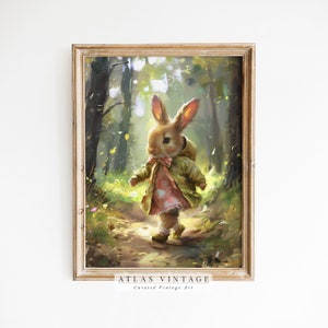 Cute Hiking Easter Bunny Print, Vintage Spring Rabbit Printable Wall Art, Nursery Kids Room Décor, Digital Download, Antique Bunny Painting