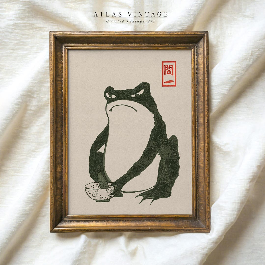 Japanese Frog Print, Minimalist Wabi Sabi Sumi-e Art (digital