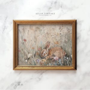 Vintage Easter Rabbit Print, Spring Woodland Nursery Decor, Wildflower Meadow Sleeping Bunny Painting, Digital Download, Floral Printables