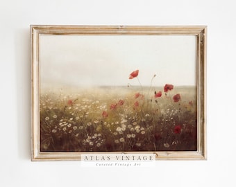 Spring Flower Meadow Print, Floral Landscape Painting, Poppy Field Country Farmhouse Décor, Vintage Wild flower Printable Wall Art Digital
