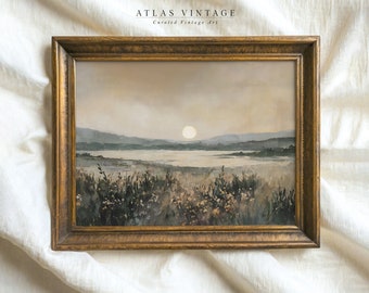 Vintage Fall Sunset Print, Earthy Lake Scenery Watercolor (Digital Download)