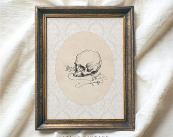 Vintage Halloween Skull Ink Drawing Print, Creepy Skeleton Sketch Printable Wall Art, Spooky Gothic Dark Academia Decor, Digital Download
