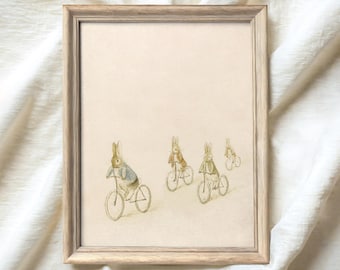Vintage print paashaas, antiek konijn afdrukbare muurkunst, neutraal bos decor kinderkamer, schilderij konijntje op fiets