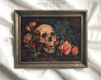 Vintage Halloween Skull Print | Moody Floral Skull Painting | Botanical Cottagecore Printable wall Art | Dark Academia Gothic Decor Digital