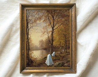 May include: A framed painting of a forest scene with a lake in the foreground. The painting is in a gold frame and has a vintage feel. There are three white ghosts in the foreground of the painting.