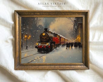 May include: A vintage framed painting of a red and black steam train traveling through a snowy landscape. The train is surrounded by people walking along the tracks. The painting is titled "Atlas Vintage, Curated Vintage Art".