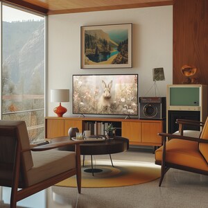 Puede incluir: Una sala de estar de estilo moderno de mediados de siglo con un sill&oacute;n de cuero marr&oacute;n, una mesa de caf&eacute; y una televisi&oacute;n que reproduce una escena de naturaleza con un conejo blanco. La habitaci&oacute;n tiene una pared de madera y una gran ventana con vista a un bosque.