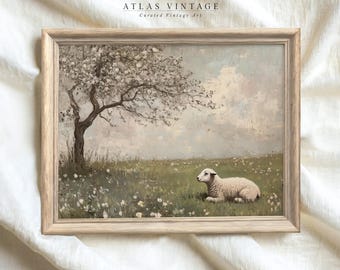 Vintage Lamb Meadow Print, Rustic Farmhouse Wall Art (Digital Download)