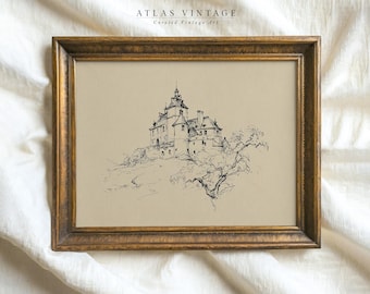 Vintage Castle Sketch Print, European Landscape Ink Drawing (Digital Download)
