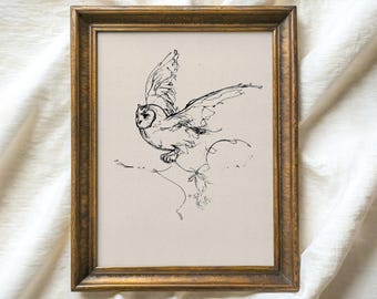 Vintage Owl Sketch Print, Minimalist Line Drawing (Digital Download)
