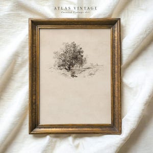 Vintage Tree Sketch Print, Antique Landscape Drawing Printable Wall Art, Neutral Rustic Farmhouse Decor, Landscape Sketch Artwork Digital