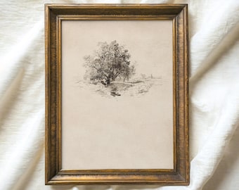 Vintage Tree Sketch Print, Antique Landscape Drawing Printable Wall Art, Neutral Rustic Farmhouse Decor, Landscape Sketch Artwork Digital