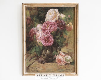 Vintage Pink Roses Painting, French Country Still Life (Digital Download)