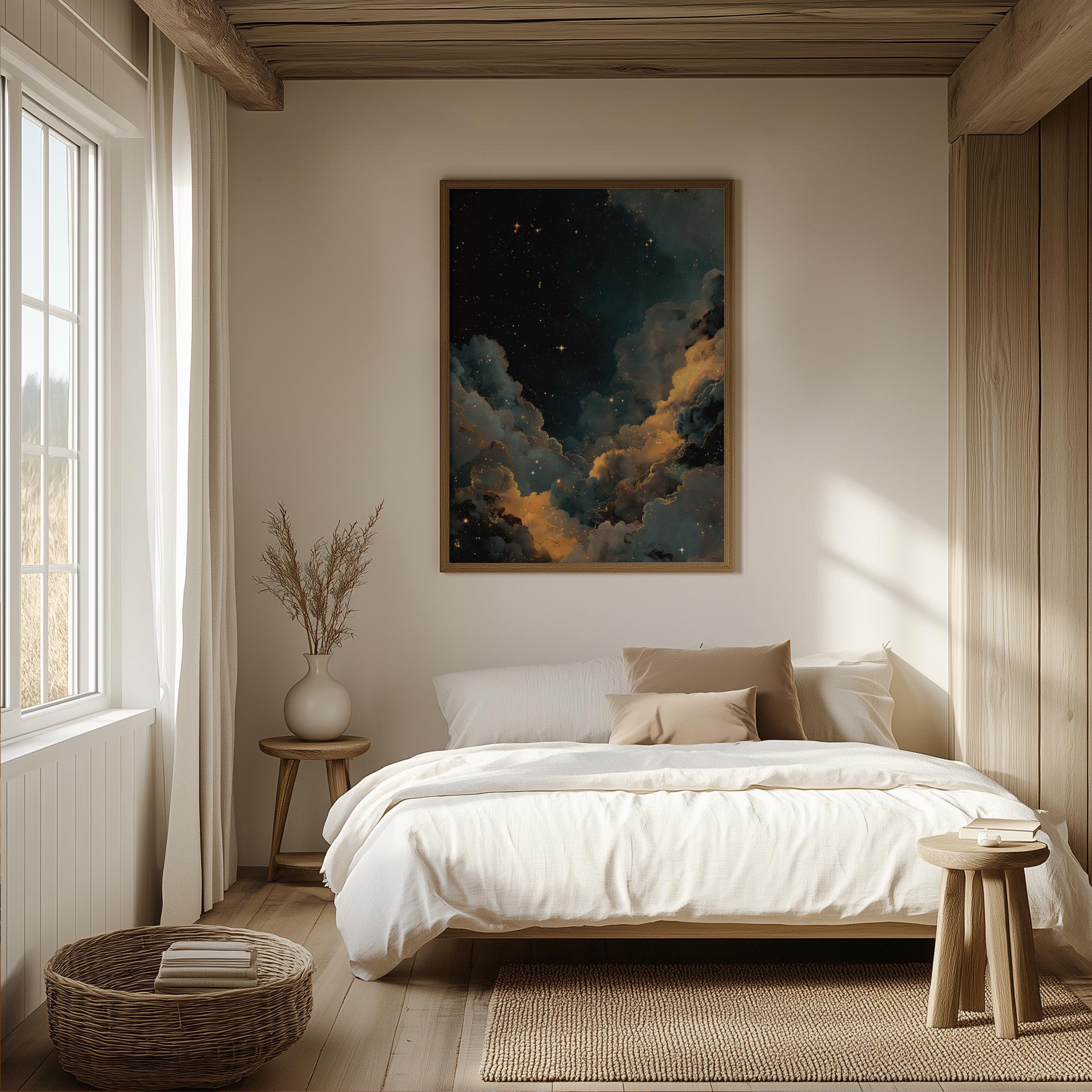 Vintage Starry Night Cloudy Sky Print, Cosmic Galaxy Printable Wall Art ...
