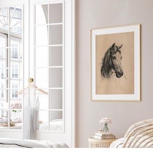May include: A black and white drawing of a horse's head in a gold frame hanging on a light pink wall. The horse's head is facing to the right and the drawing is on a beige background.