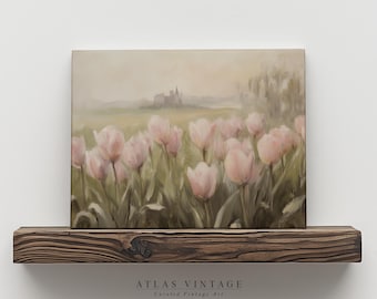 Vintage Tulip Field Painting Print, Rustic Castle Landscape (Digital Download)