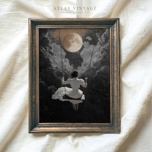 May include: A black and white photograph of a person sitting on a swing in the clouds. The person is wearing a white dress and the moon is visible in the background.