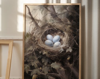 【P0号】【油彩】nest 原画 油絵 oilpainting Vintage Easter Bird Nest Oil Painting, Spring Farmhouse Décor