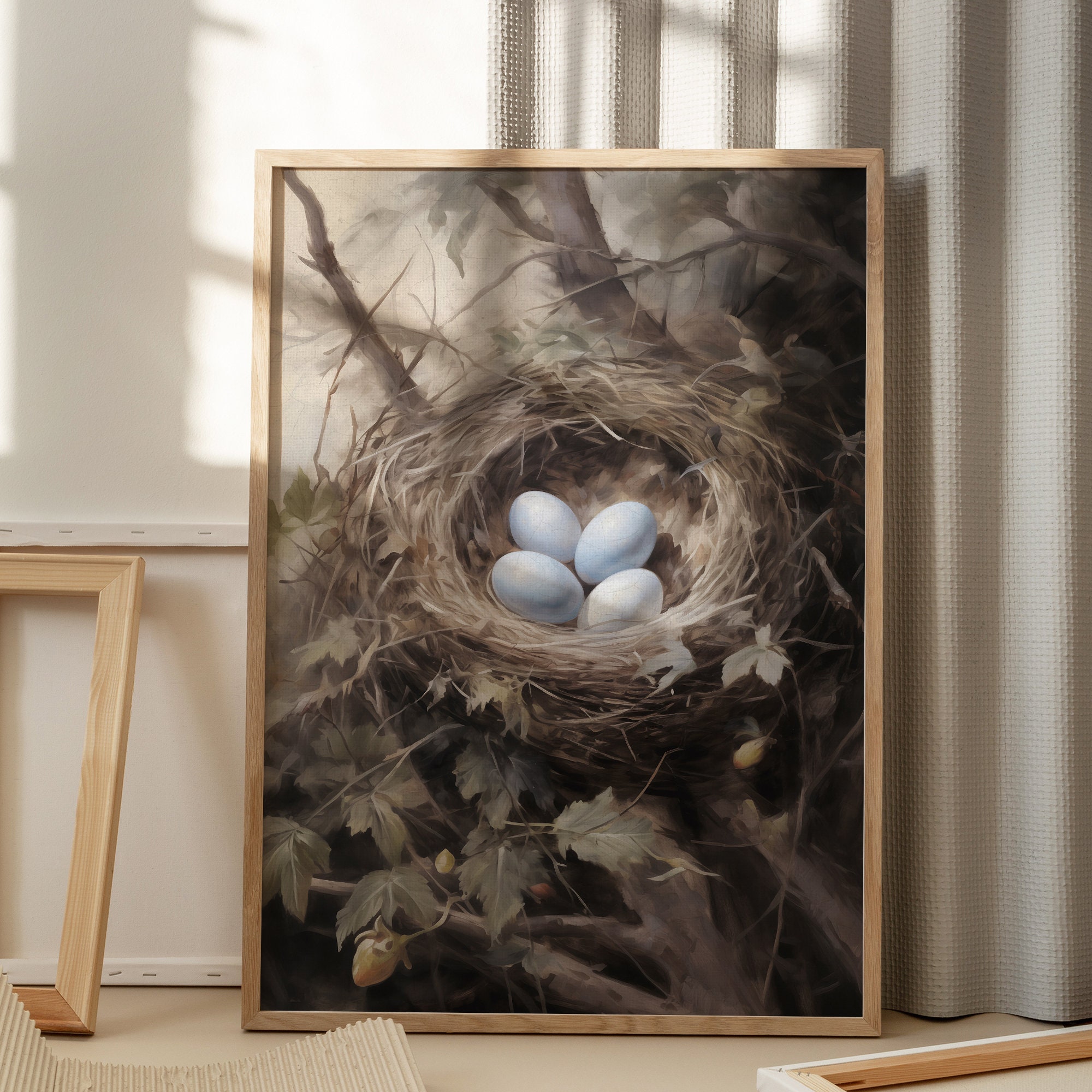 Vintage Easter Bird Nest Oil Painting, Spring Farmhouse Décor