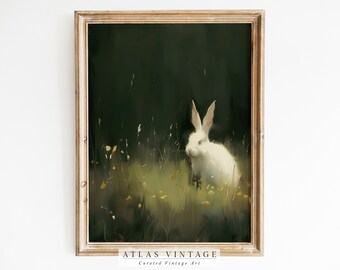 Vintage Easter Bunny Print, Antique Spring Rabbit Oil Painting, Neutral Country Farmhouse Décor Digital, Moody Rustic Printable Wall Art