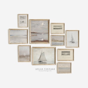 Vintage Coastal Gallery Wall Art Set - Printable Seaside Sailboat Decor in Neutral Tones | Coastal Digital Prints