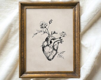 Valentine Floral Heart Sketch Print - Botanical Ink Drawing Wall Art (Digital Download)