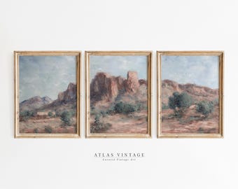 Set Of 3 Vintage Summer Landscape Print, Countryside Mountain Triptych Printable Wall Art, Farmhouse 3 Piece Wall Art Painting Decor Digital