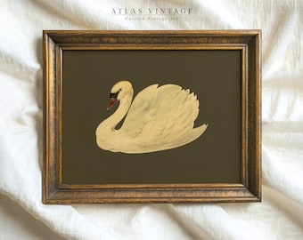 Vintage Swan Watercolor Painting | Farmhouse Green Wall Art (Digital Download)