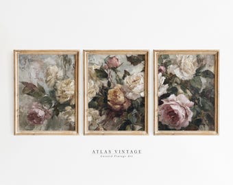 Vintage Rose Flower Gallery Set Of 3 Prints, Victorian Floral Painting Triptych Printable Wall Art, Shabby Chic Botanical Decor Digital