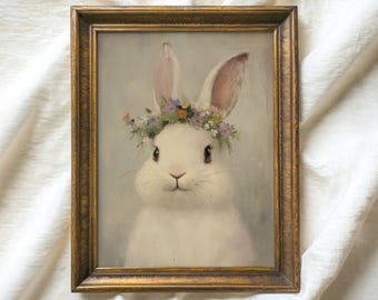 impression florale vintage de lapin de Pâques, lapin de fleur, art mural imprimable, décoration de chambre d'enfant pastel printemps, impressions numériques botaniques neutres