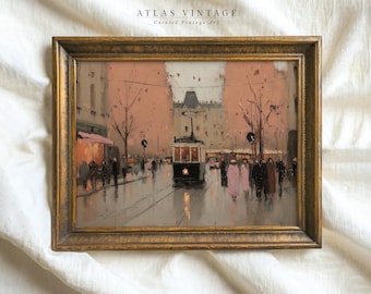 Vintage Parisian Autumn Tram Painting Print, Romantic Paris Fall Street Printable Wall Art, Antique French Cityscape Decor Digital Download