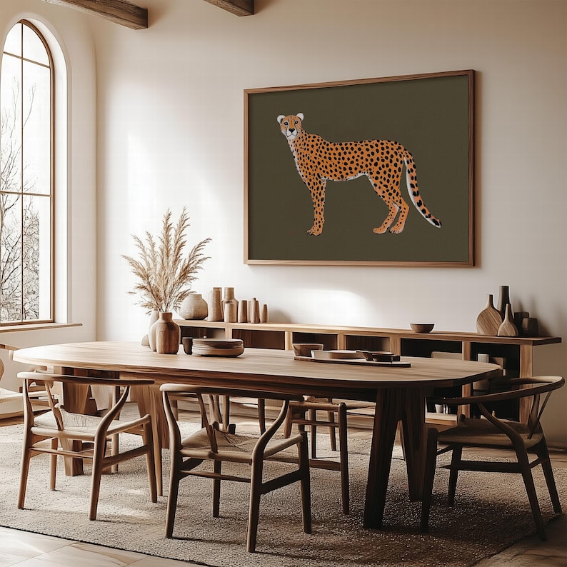 Close-up of cheetah silhouette with a soft jungle backdrop.