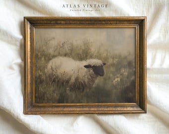 Vintage humeurige schapen landschapsprint, zomer platteland afdrukbare muurkunst, rustieke boerderij cabine decor, weiland schilderij digitale download