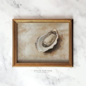 Vintage Oyster Shell Print, Seafood Still Life Painting Printable Wall Art, Rustic Seafood Kitchen Decor, Muted Cottagecore Digital Download