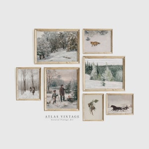 Impresiones de pared de galería de invierno / Decoración de pared navideña vintage / Conjunto de pared de galería de invierno neutro / Arte de pared con pintura de paisajes / Imprimible digital