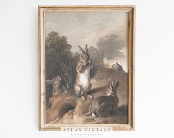 Vintage Easter Bunny Print, Antique Spring Rabbit Oil Painting, Neutralny Rustykalny Wystrój Domku Cyfrowy, Moody Countryside Printable Wall Art