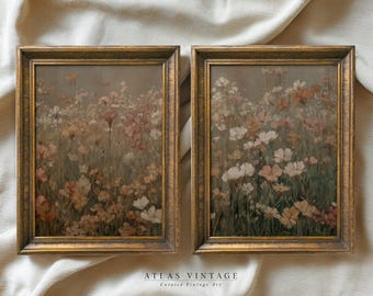 Set van 2 humeurige herfst bloemenprint donkere vintage wilde bloemen schilderij galerij muur set afdrukbare muurkunst, rustiek herfst botanisch decor digitaal