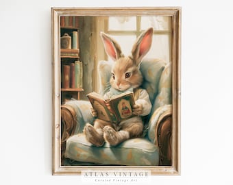 Vintage Easter Bunny Print, Reading Rabbit, Nursery Wall Art (Digital Download)