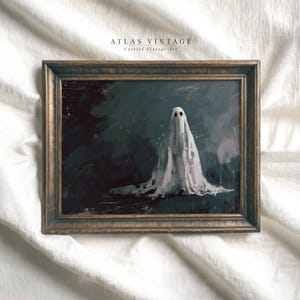 Impresión vintage de un lindo fantasma, arte de pared gótico para Halloween, descarga digital, decoración Dark Academia Cottagecore, pintura fantasma espeluznante