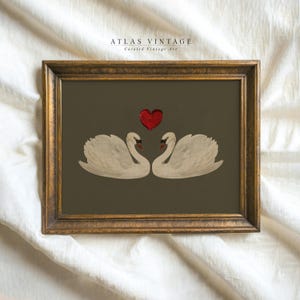 Vintage Swan Valentines Day Print, Love Swan Painting, Sage Green Valentine Decor, Romantic Printable Wall Art, Love Bird Digital Prints