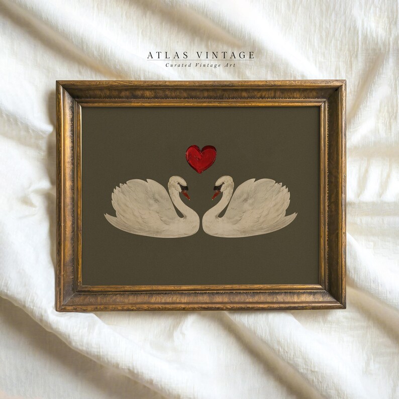 Vintage Swan Valentines Day Print, Love Swan Painting, Sage Green Valentine Decor, Romantic Printable Wall Art, Love Bird Digital Prints