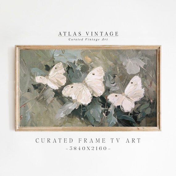 Vintage White Butterfly Frame Tv Art, Summer Garden Painting Samsung Tv Art, Cottagecore Spring Decor, Botanical French Country Screensaver